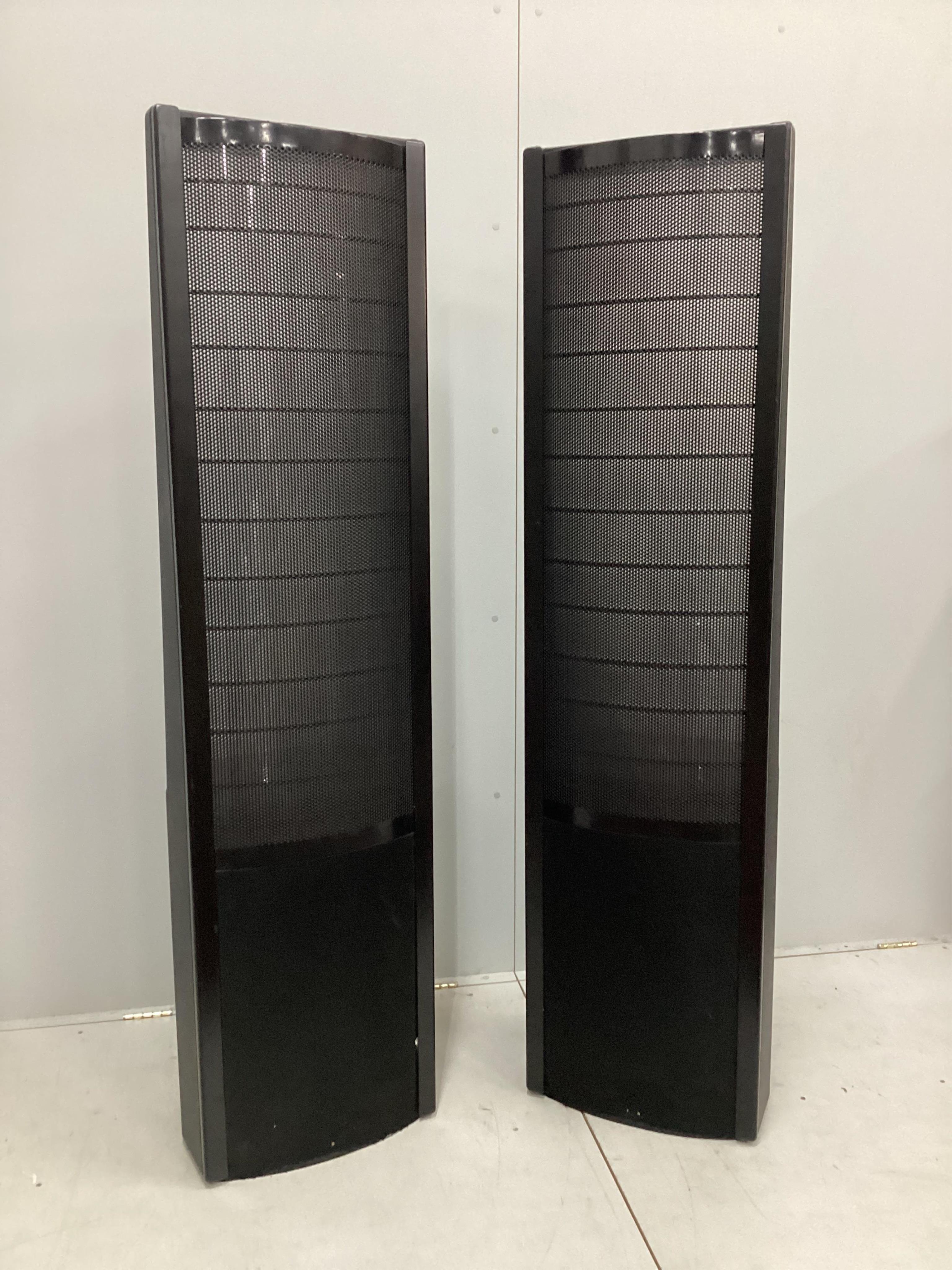 A pair of reQuest high resolution ESL hybrid loudspeakers with Maplin VR05F auto transformer and user manual, 181cm high, 45cm wide, 32cm deep. Condition - fair to good